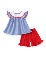 Stars & Gingham Plaid Blue Red Stars Girls Set - ARIA KIDS