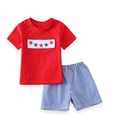 Stars & Gingham Plaid Blue Red Stars Boy Set - ARIA KIDS