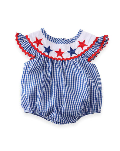 Stars & Gingham Plaid Blue Red Stars Baby Romper Bubble - ARIA KIDS