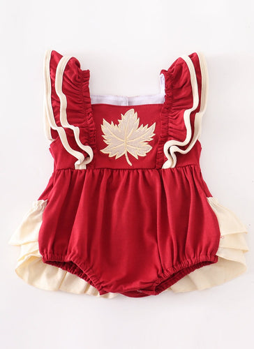 Burgundy maple leaf embroidery girl bubble