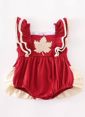 Burgundy maple leaf embroidery girl bubble - ARIA KIDS