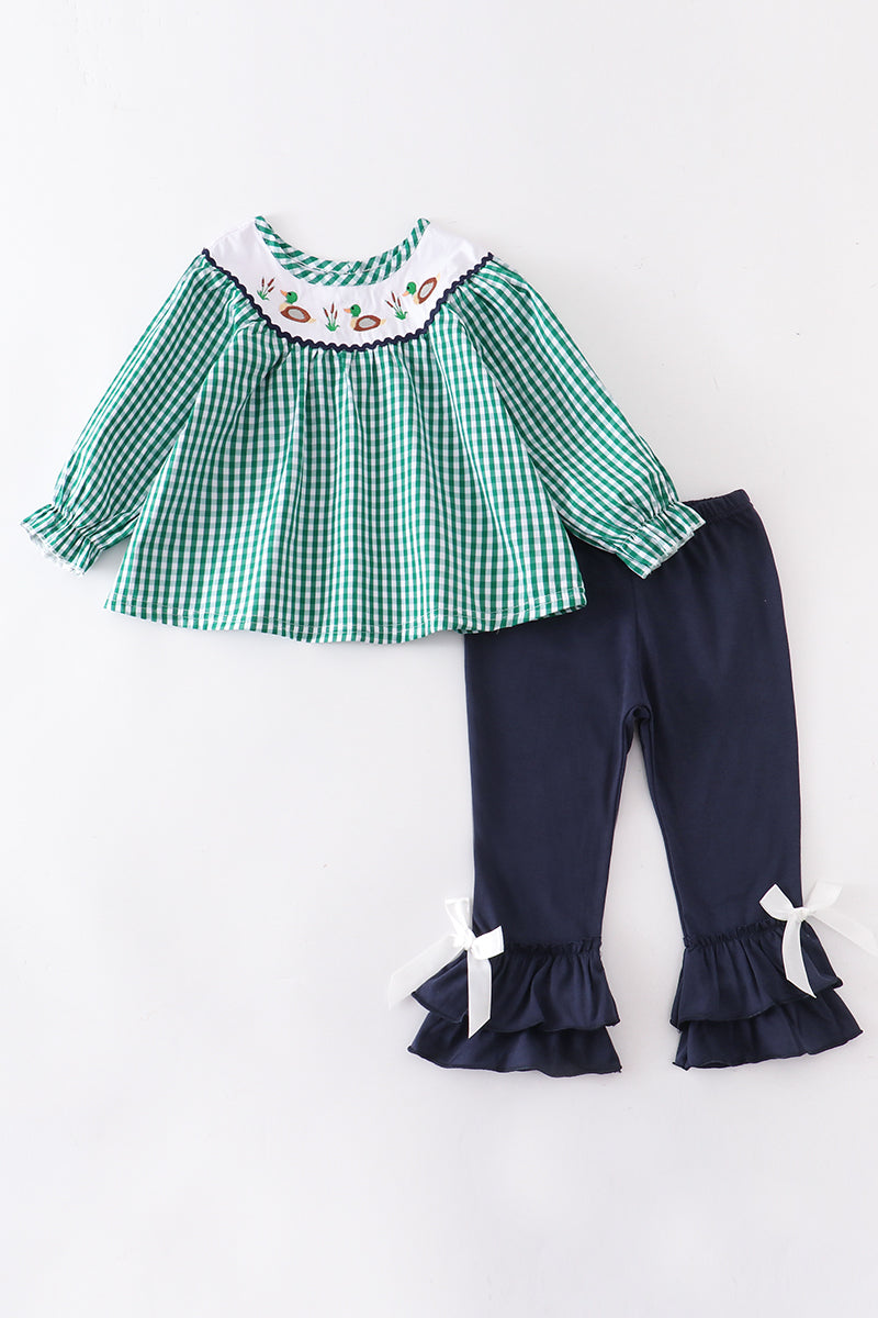 Duck embroidery bow smocked ruffle girl set - ARIA KIDS