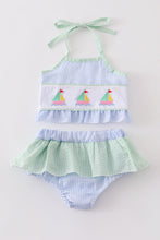 Seersucker sailboat embroidery 2pc girl swimsuit