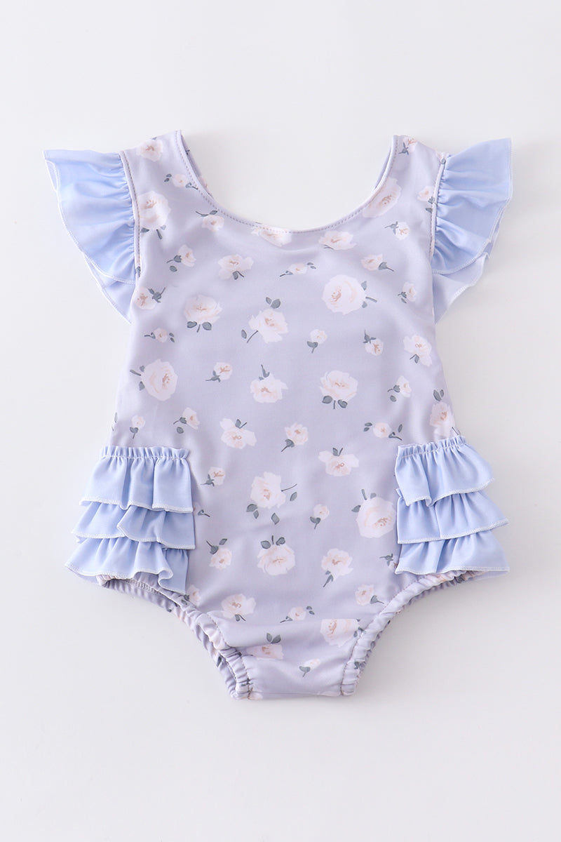 Blue floral print girl swimsuit - ARIA KIDS