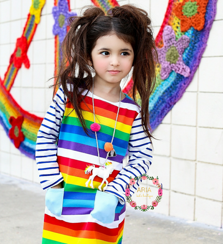 Rainbow Striped Pocket Long Sleeve Dress - ARIA KIDS