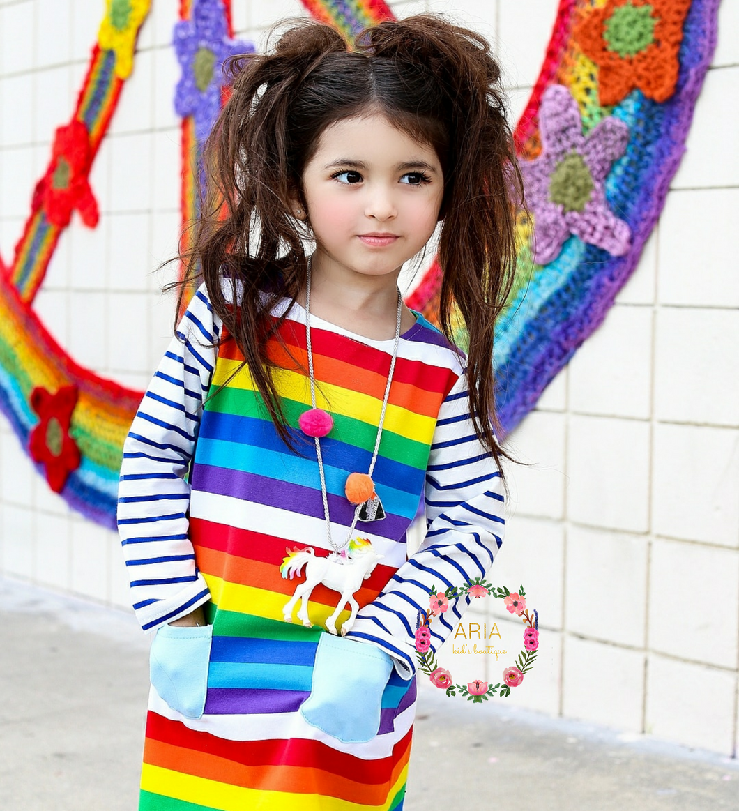 Rainbow Striped Pocket Long Sleeve Dress ARIA KIDS Rainbow Striped Pocket Long Sleeve Dress ARIA KIDS