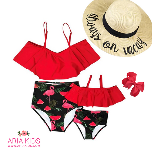 Mommy & Me Flamingo 2-Piece Ruffle High Waist Swimsuit - ARIA KIDS