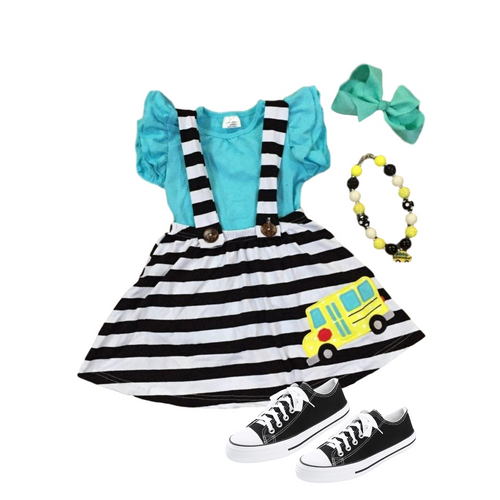 Blue Shirt & School Bus Striped Suspender Skirt - ARIA KIDS