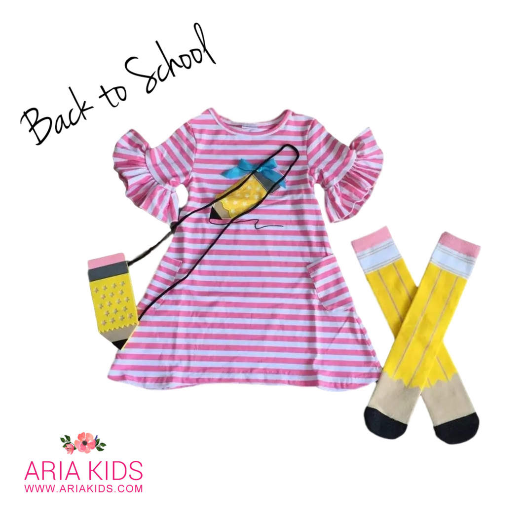 Pencil Applique Striped Bell Sleeve Dress 3-Piece Set - ARIA KIDS