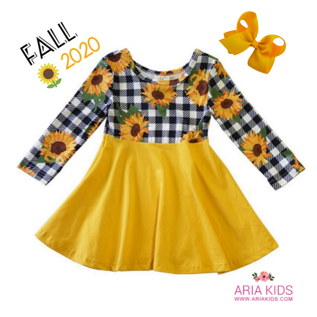 Yellow Sunflower Plaid Twirl Dress - ARIA KIDS