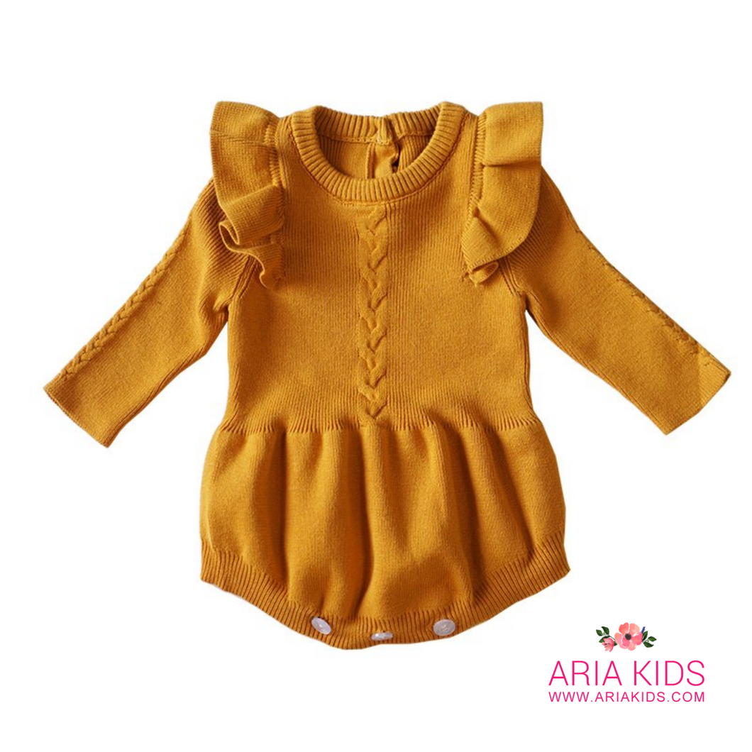 Ruffle Knit Baby Romper - Mustard Yellow (PREMIUM) - ARIA KIDS