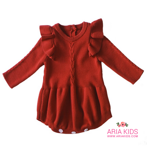 Ruffle Knit Baby Romper - Maroon - ARIA KIDS