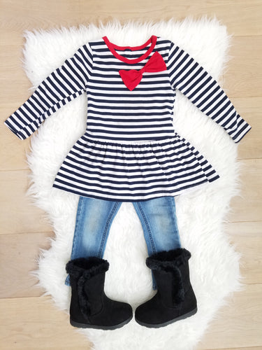 Cassie Navy/White Stripe Red Bow Tunic Dress - ARIA KIDS