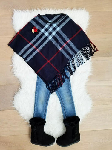 NAVY - ARIANA Toddler Girl Round Neck Plaid Poncho - ARIA KIDS