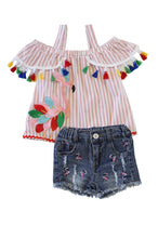 Flamingo Rainbow Tassels Top & Denim Shorts Set - ARIA KIDS