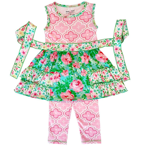 Spring Rose Floral & Geometric Ruffle Dress Capri Set - ARIA KIDS