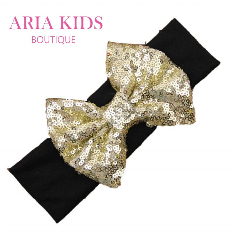 Black/Gold Baby Sequin Bow Headband - ARIA KIDS