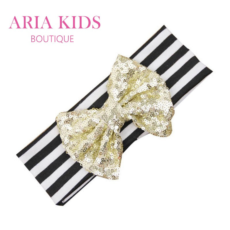 Black Stripes/Gold Sequin Baby Bow Headband - ARIA KIDS