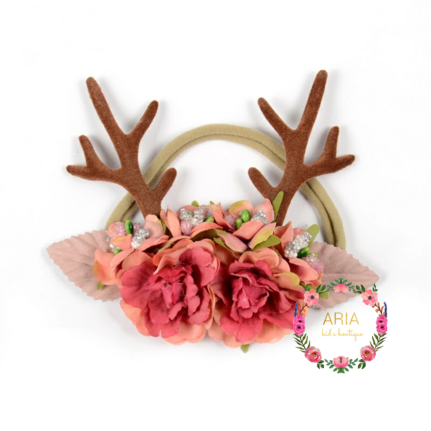 Rust Orange & Pink - Floral Deer Antler Headband - ARIA KIDS