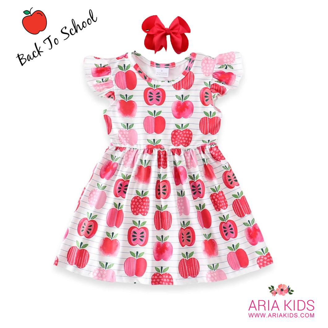Apple Flutter Sleeve Back to School Dress with Hair Bow - ARIA KIDS
