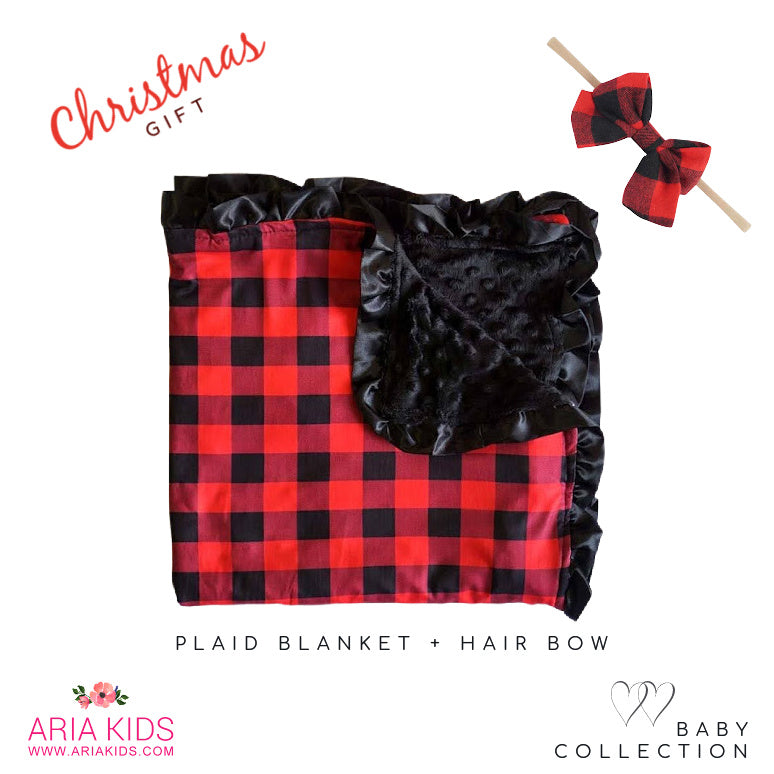 Baby Buffalo Plaid Blanket + Hair Bow Baby Shower Christmas Gift Set - ARIA KIDS