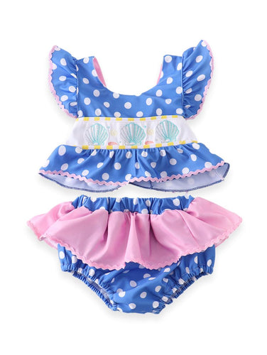 Seashells Blue White Pink Polkadot Girls Swim Set - ARIA KIDS