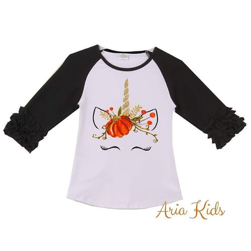 Unicorn Pumpkin Harvest Ruffled Fall T-shirt - Black - ARIA KIDS