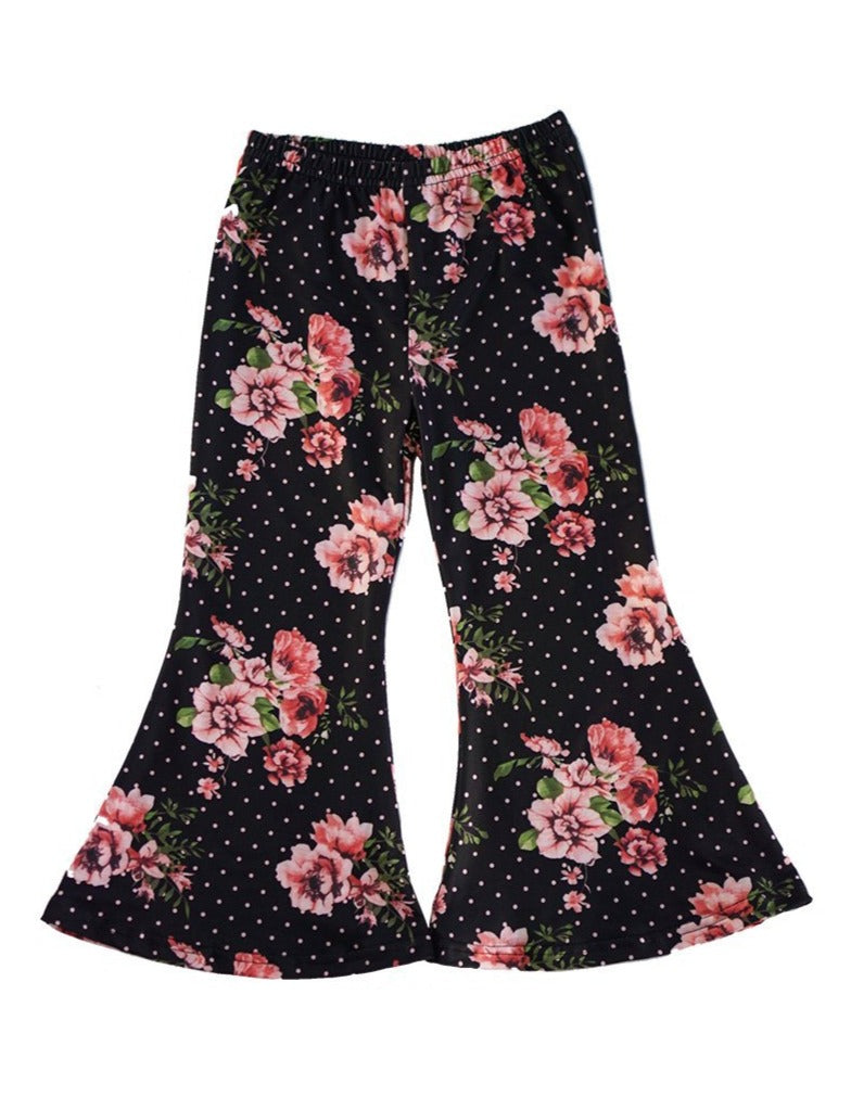 Black Floral Rose Bell Pants - ARIA KIDS