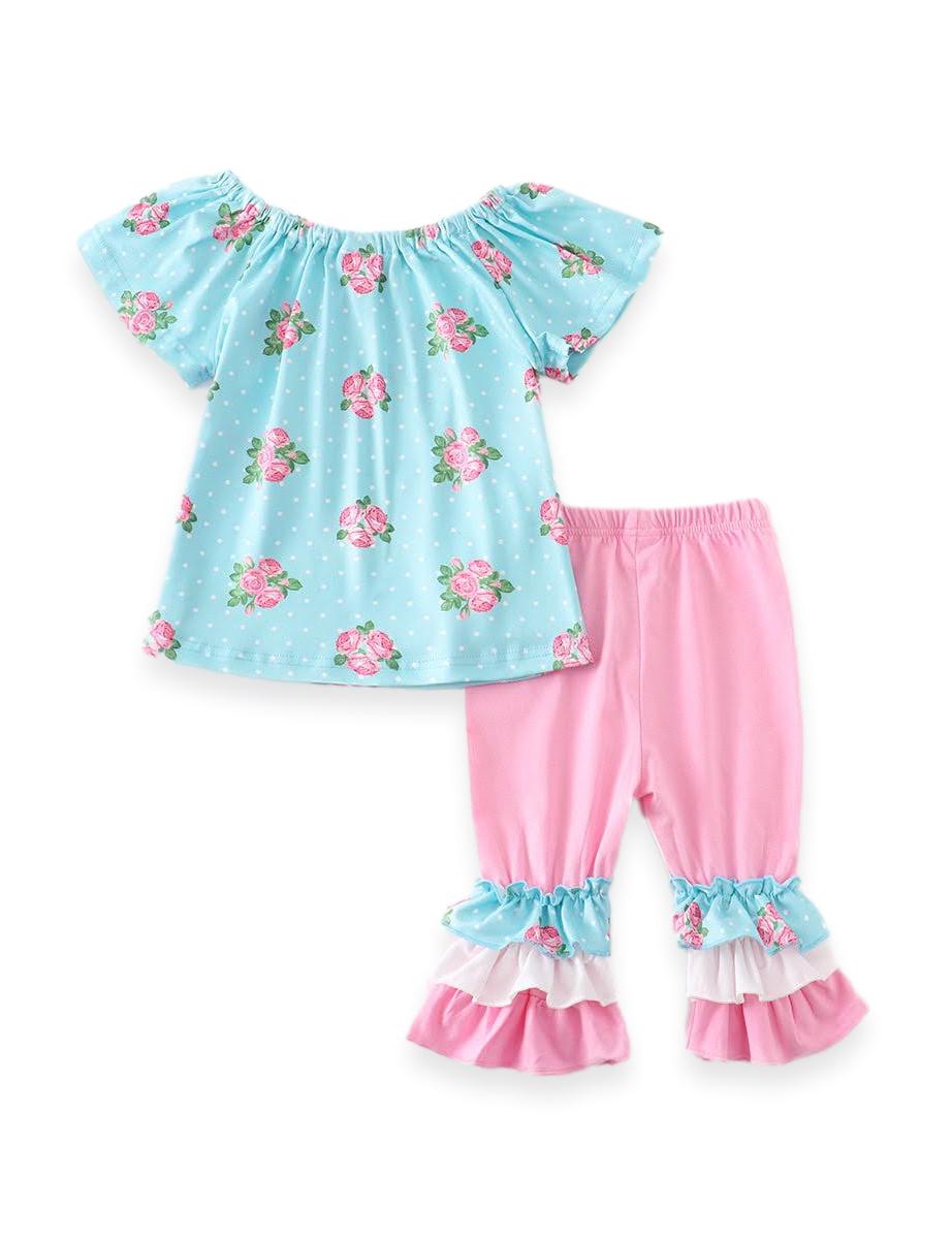 Blue Floral Polka Dot Bunny Rabbit Off Shoulder Top Ruffled Capri Pa ARIA KIDS