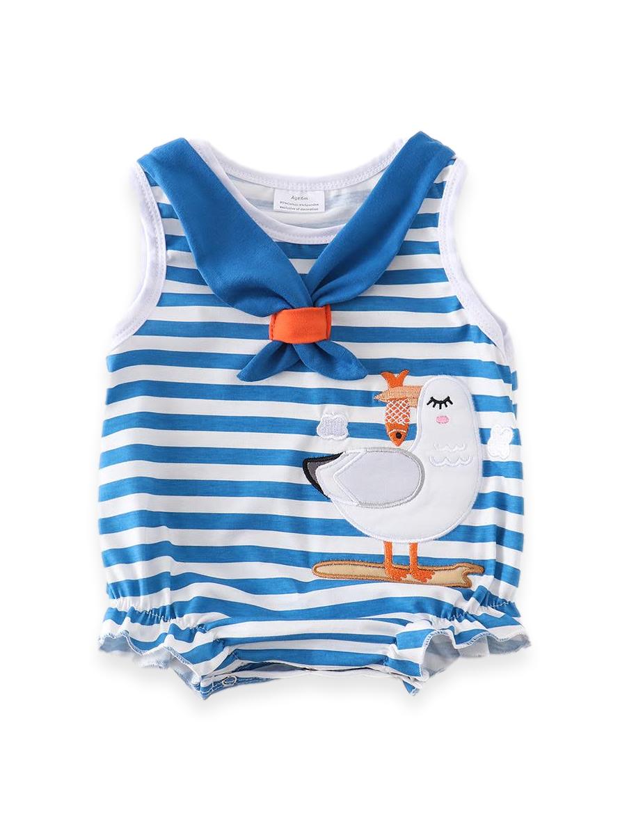 Copy of Blue & White Stripe Seagull Baby Girl Bubble Romper - ARIA KIDS