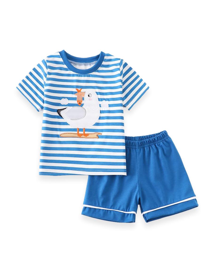 Blue & White Stripe Seagull Shirt and Shorts Boys Set - ARIA KIDS