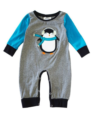 Blue Penguin Baby Boy Grey Romper - ARIA KIDS