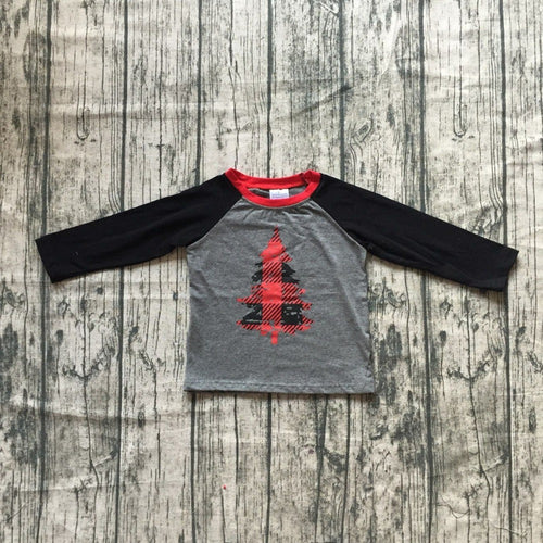 Christmas Plaid Tree Boys Raglan Shirt - Black/Gray - ARIA KIDS