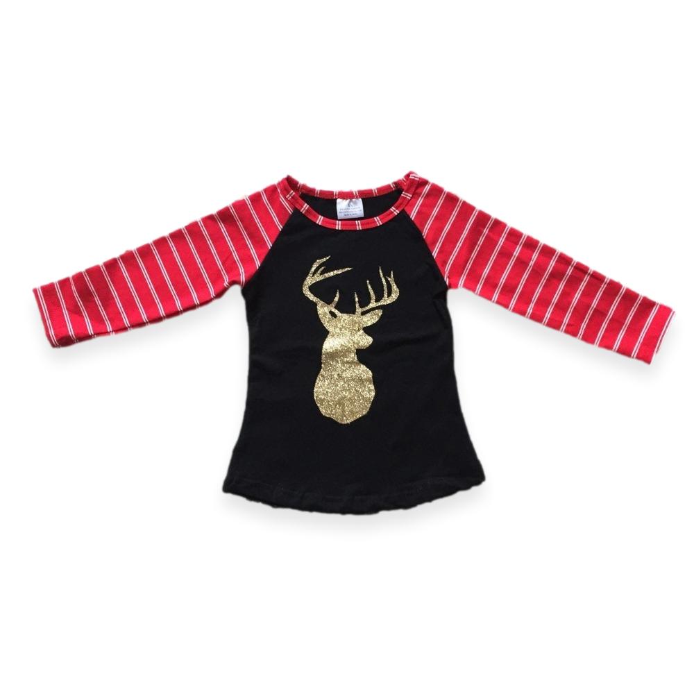 WHOLESALE CLEARANCE BUNDLE - Gold Glitter Deer Christmas Black Raglan Shirt - ARIA KIDS