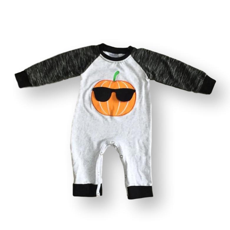 Cool Pumpkin Sunglasses Applique Baby Boy Romper - ARIA KIDS