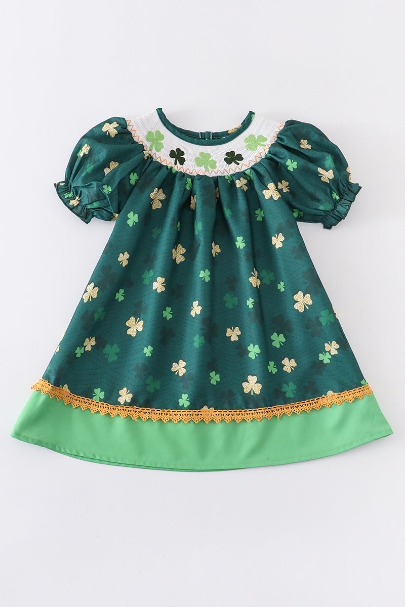 Forest clover embroidery smocked girl dress