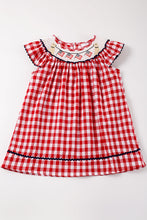 Red plaid dog flag smocked ruffle dress
