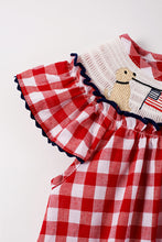Red plaid dog flag smocked ruffle dress