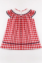 Red plaid dog flag smocked ruffle dress