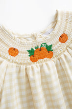 Thanksgiving plaid pumpkin smocked puff sleeve dress