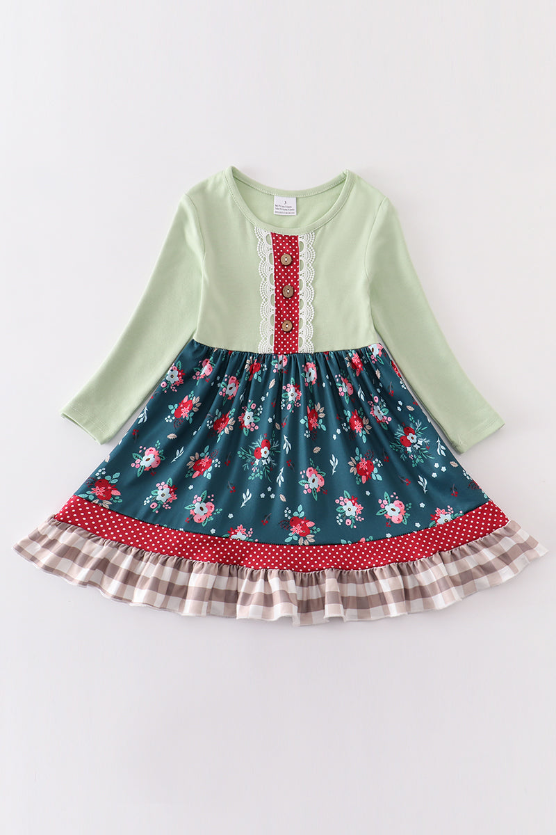Green floral ruffle buttons girl dress - ARIA KIDS