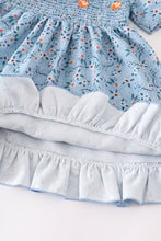 Blue floral smocked  puff sleeve ruffle dress