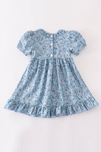 Blue floral smocked  puff sleeve ruffle dress