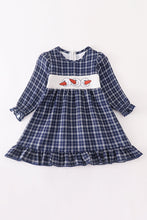 Navy plaid snowman applique smocked dress