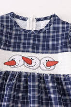 Navy plaid snowman applique smocked dress
