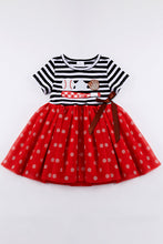 Red stripe baseball applique dress