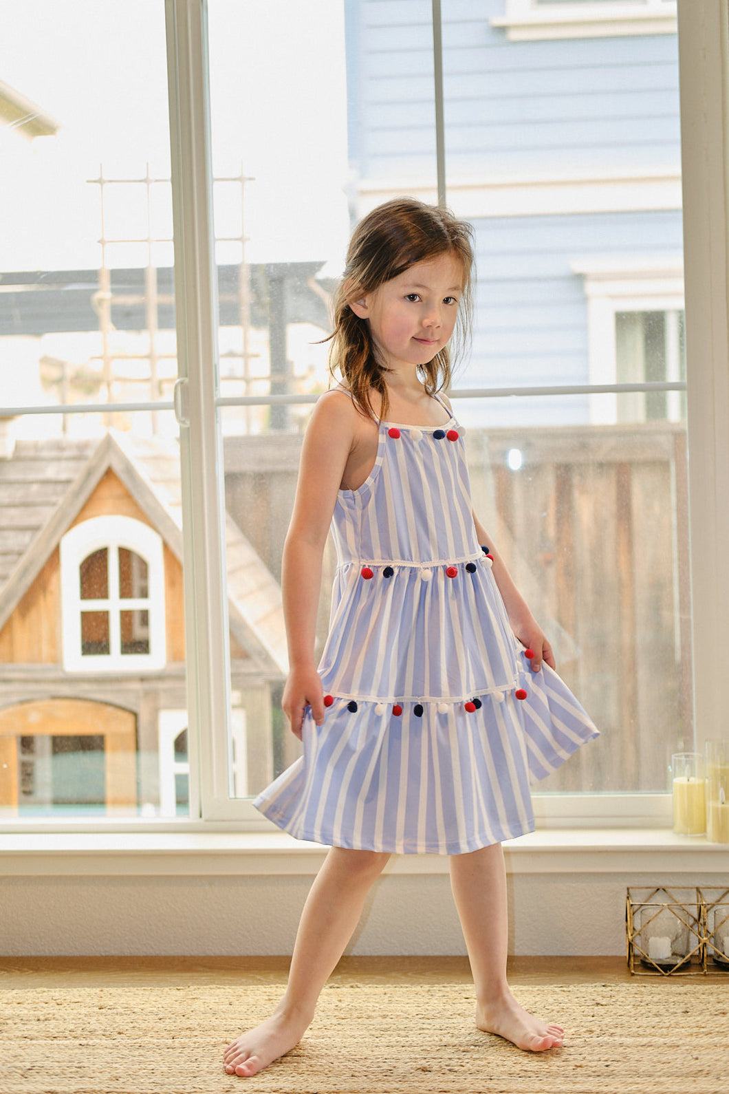 Blue stripe pom pom girl dress - ARIA KIDS