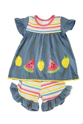 Denim Rainbow Stripe Watermelon Lemons Shorts Set - ARIA KIDS
