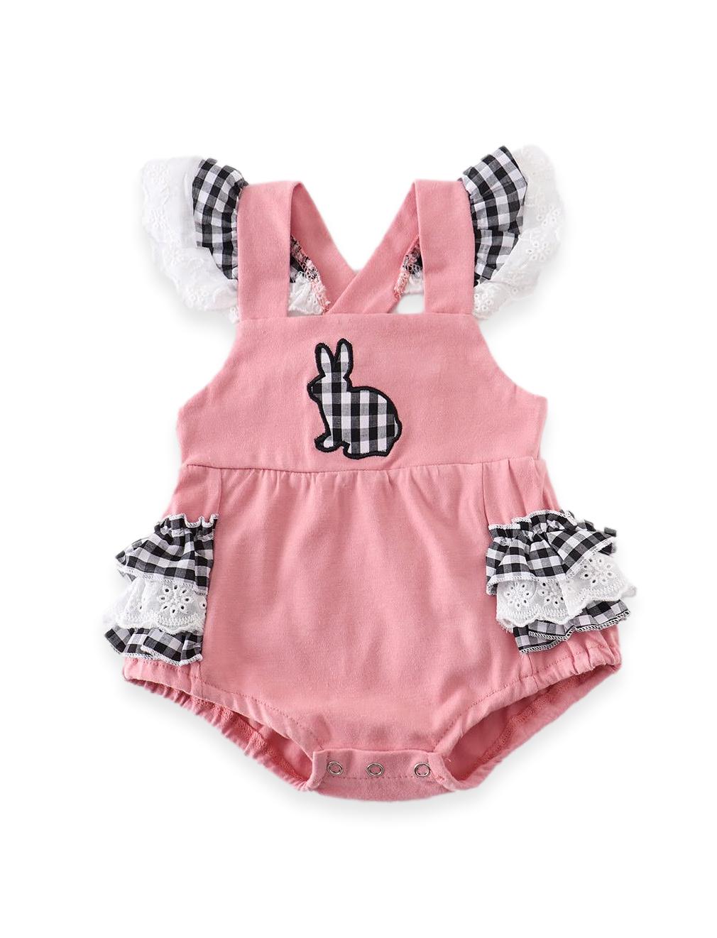 Dusky Pink Gingham Plaid Bunny Lace Baby Romper - ARIA KIDS