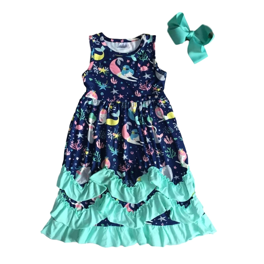 Mermaid Ruffle Dress in Navy/Mint - Design 2 - ARIA KIDS